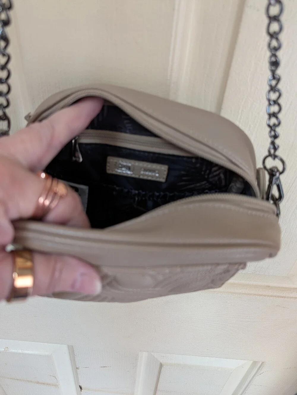 lug Pebbled Quilted Crossbody Bag in Taupe
